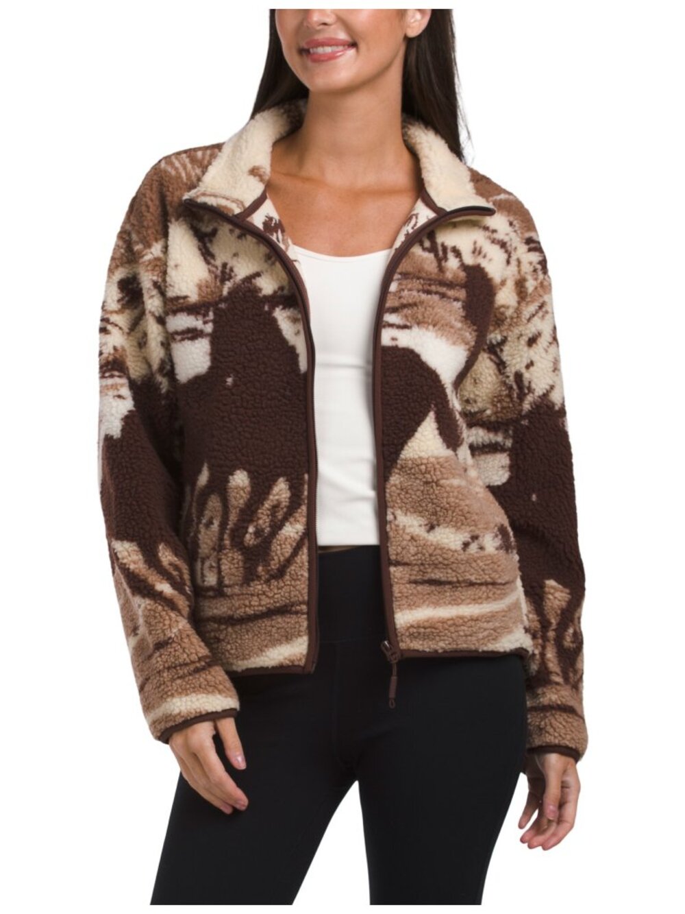 Kyodan Sherpa Horse Landscape Mock Neck Full Zip Jacket Brown Western NWT